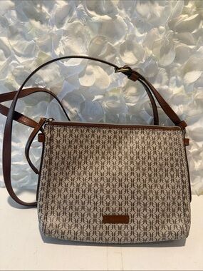 Fossil Beige and Brown Monogram Crossbody Bag